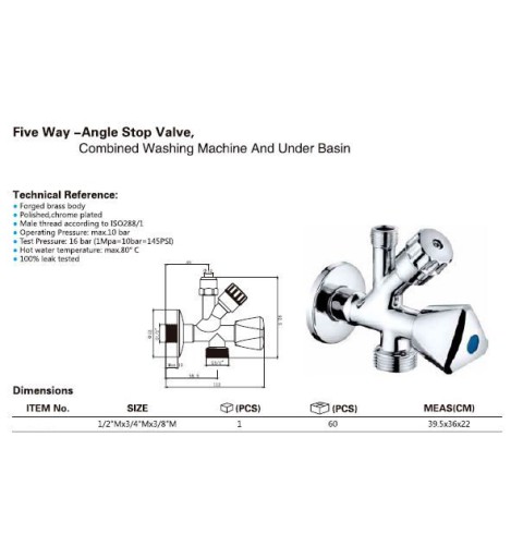 AQUALINE Rohový ventil pračkoroháčik so spätným ventilom 3/8"x3/4"x1/2", chróm 5309