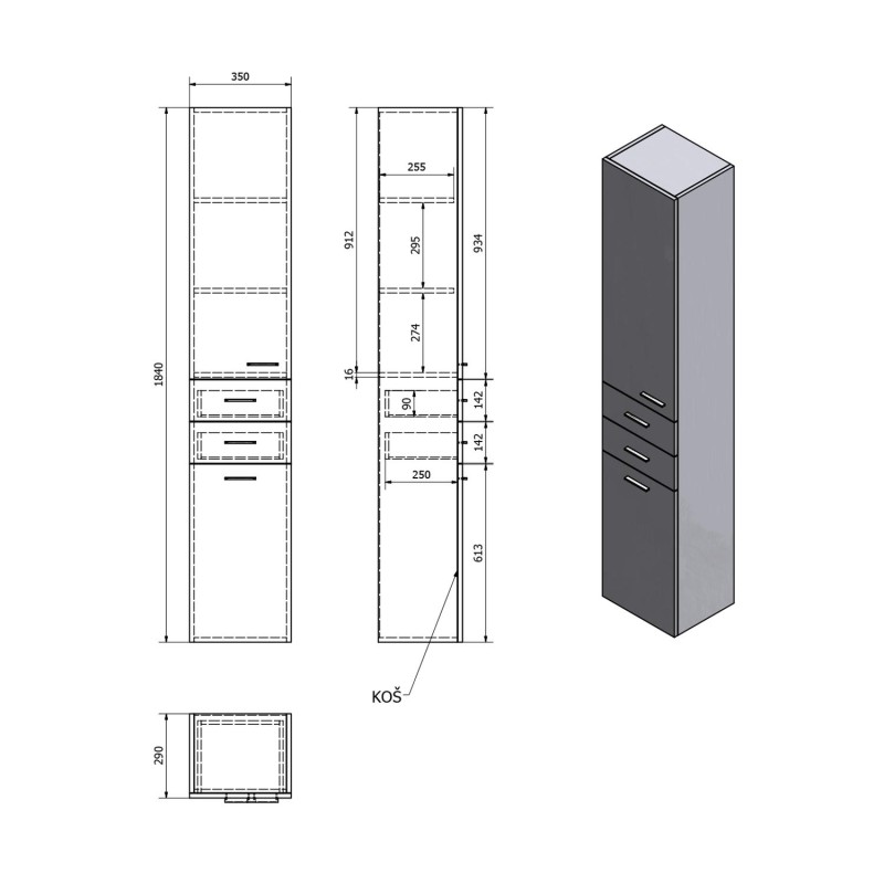 AQUALINE ZOJA/KERAMIA FRESH skrinka vysoká s košom 34x184x29cm, ľavá, dub platin 51232