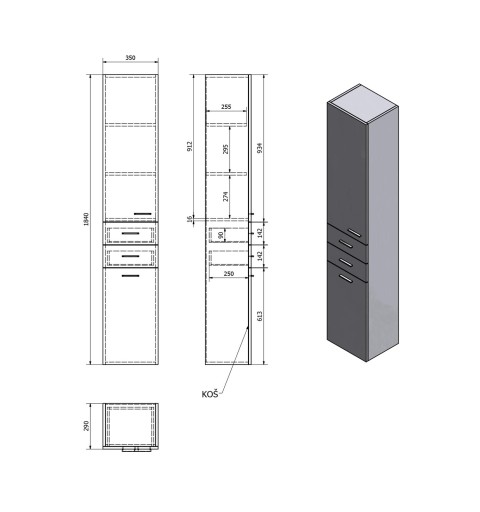 AQUALINE ZOJA/KERAMIA FRESH skrinka vysoká s košom 34x184x29cm, ľavá, dub platin 51232