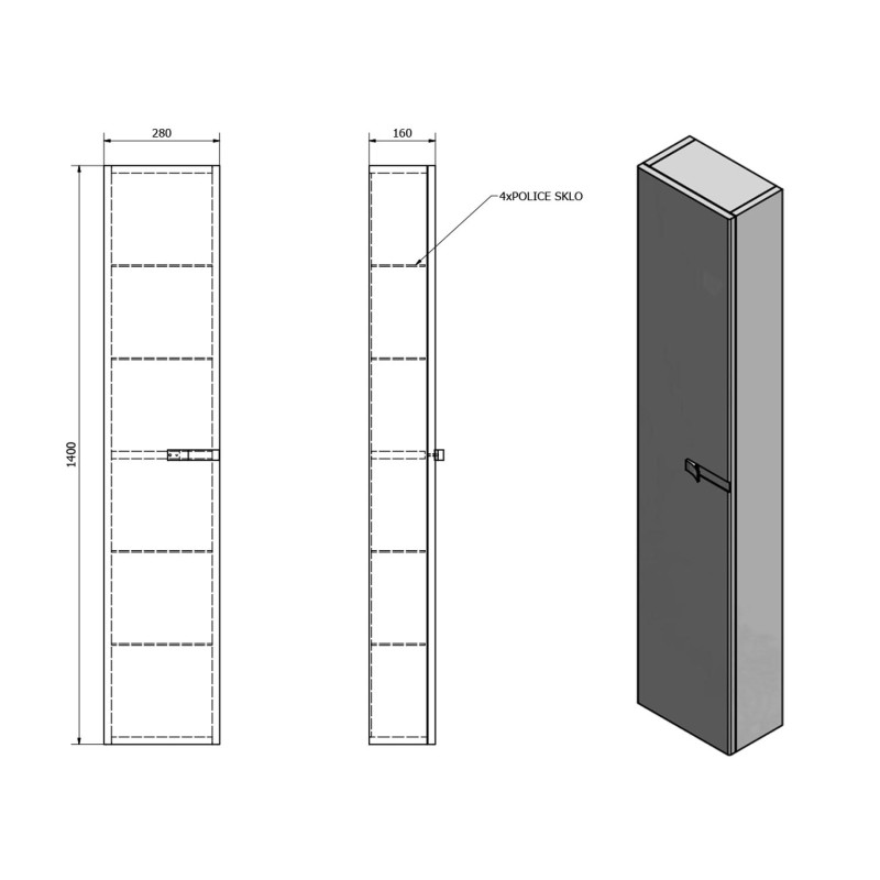 Sapho MITRA skrinka vysoká 28x140x16cm, antracit, ľavá/pravá MT142