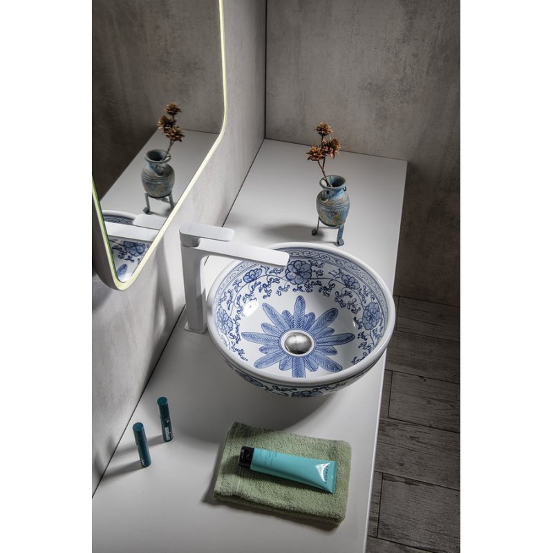 Sapho PRIORI keramické umývadlo, priemer 42cm, farba biela s modrou maľbou PI012