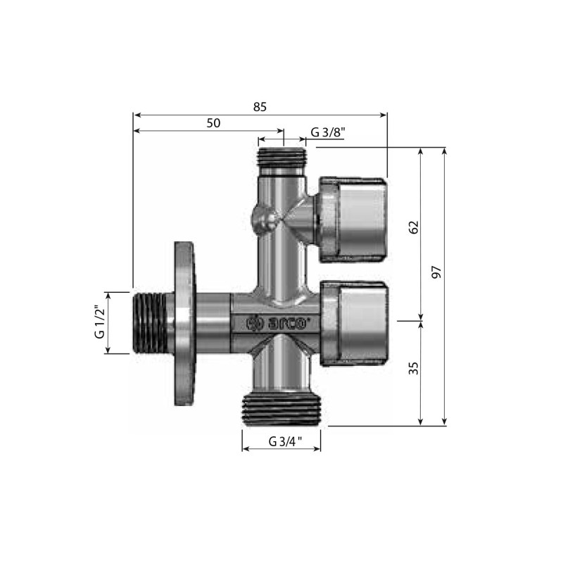 Arco Kombinovaný práčkový ventil s odbočkou 1/2"x3/4"x3/8", anticalc, chróm COMB5 MAC