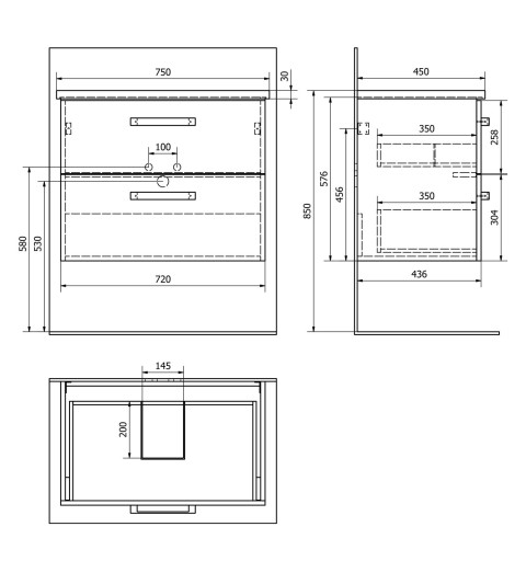 AQUALINE VEGA umývadlová skrinka 72x57,6x43,8 cm, 2xzásuvka, dub platin VG873