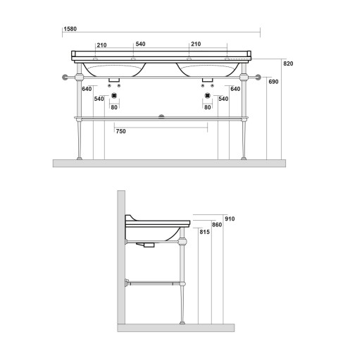 Kerasan WALDORF konštrukcia pre dvojumývadlo 150cm so sklenenou policou, chróm 9195K1
