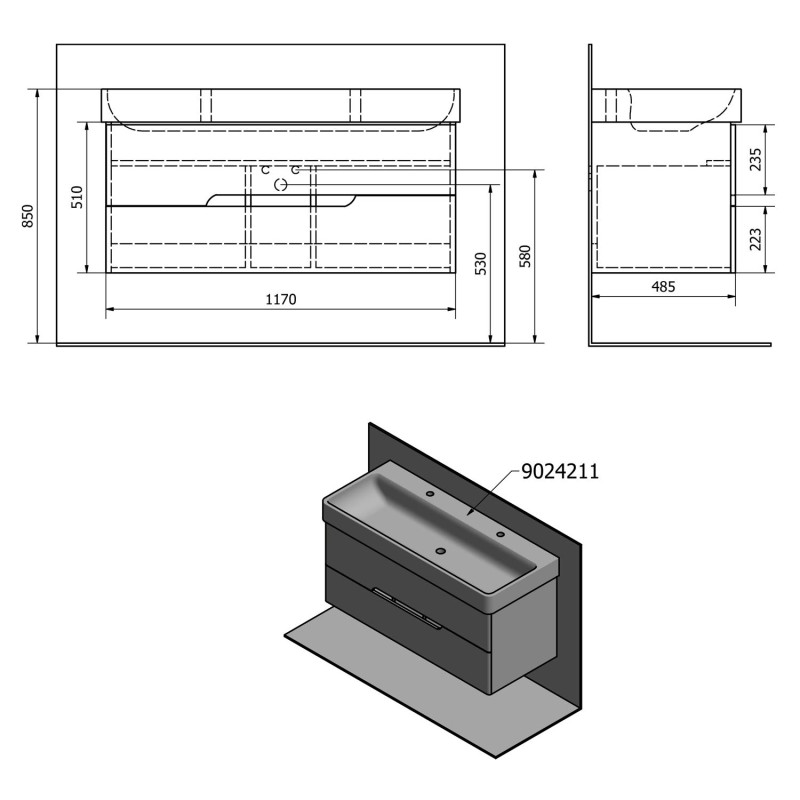 Sapho MEDIENA umývadlová skrinka 117x50,5x48,5cm, biela matná/dub graphite MD121