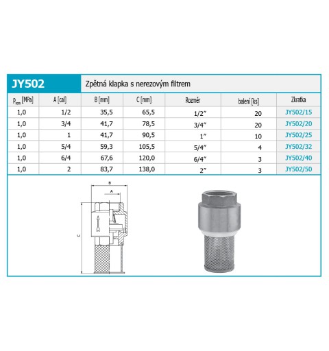 Novaservis Inštalatérsky program - Spätná klapka s filtrom 1" z nehrdzavejúcej ocele JY502/25