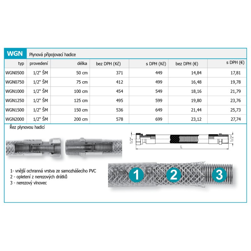 Novaservis Inštalatérsky program - Plynová pripojovacia hadica 1/2" ŠM-0,1,25 m WGN1250