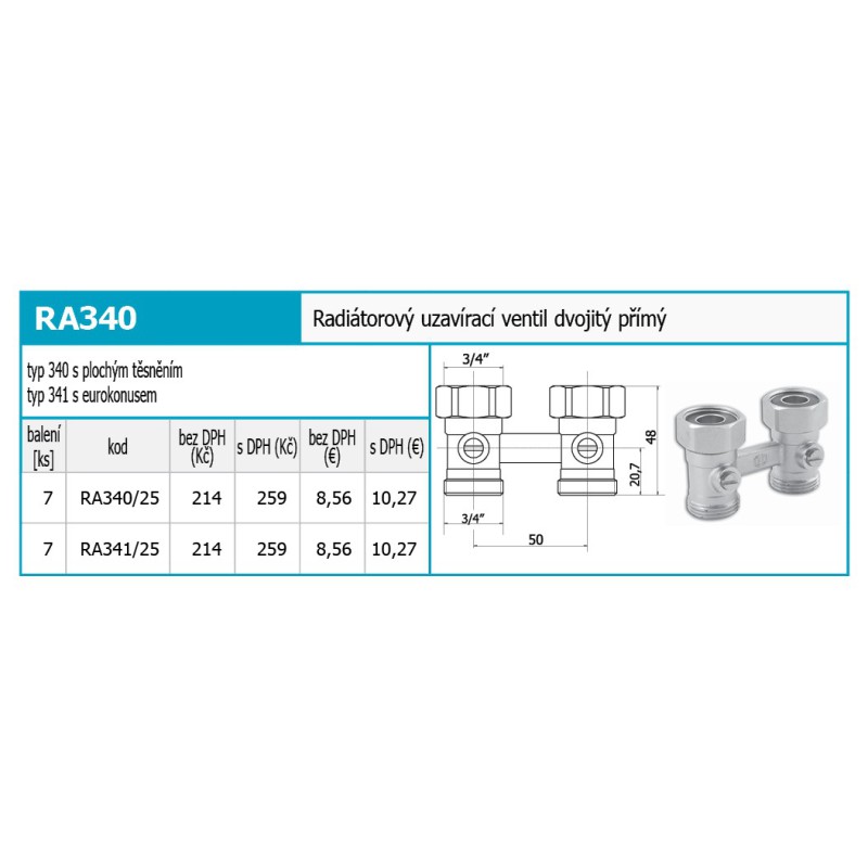 Novaservis Inštalatérsky program - Radiátorový uzatvárací ventil dvojitý priamy 3/4" RA340/25