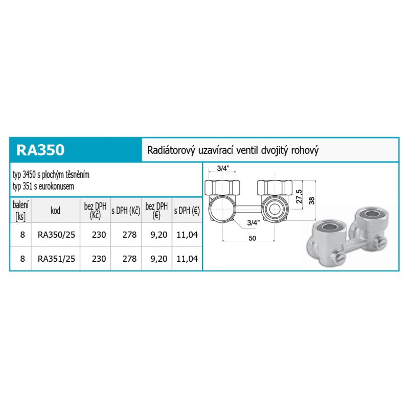Novaservis Inštalatérsky program - Radiátorový uzatvárací ventil dvojitý rohový 3/4" RA350/25