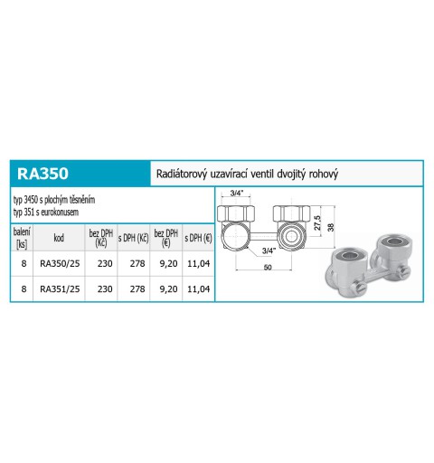 Novaservis Inštalatérsky program - Radiátorový uzatvárací ventil dvojitý rohový 3/4" RA350/25