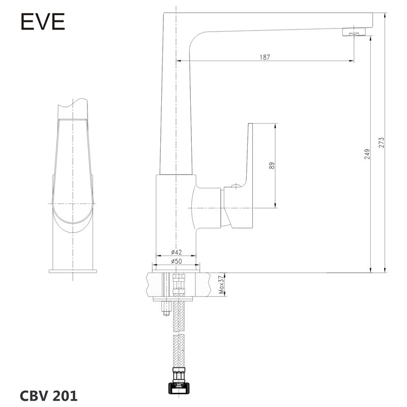 Mereo Drezová stojanková batéria, Eve, s plochým ramienkom nad pákou, výška273 mm, chróm CBV201