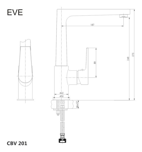 Mereo Drezová stojanková batéria, Eve, s plochým ramienkom nad pákou, výška273 mm, chróm CBV201