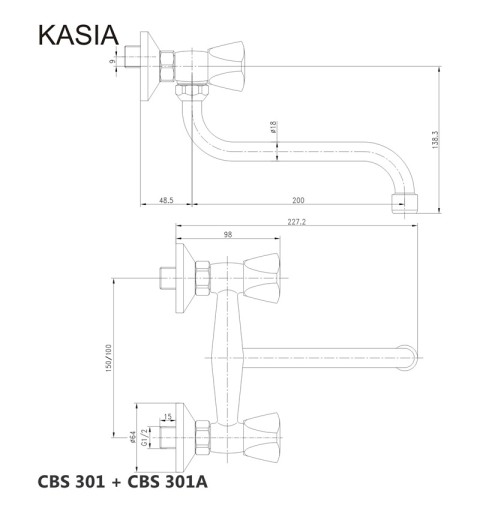 Mereo Drezová nástenná batéria, Kasia, 150 mm, s ramienkom rúrkovým ø 18 mm - 200 mm, chróm CBS301