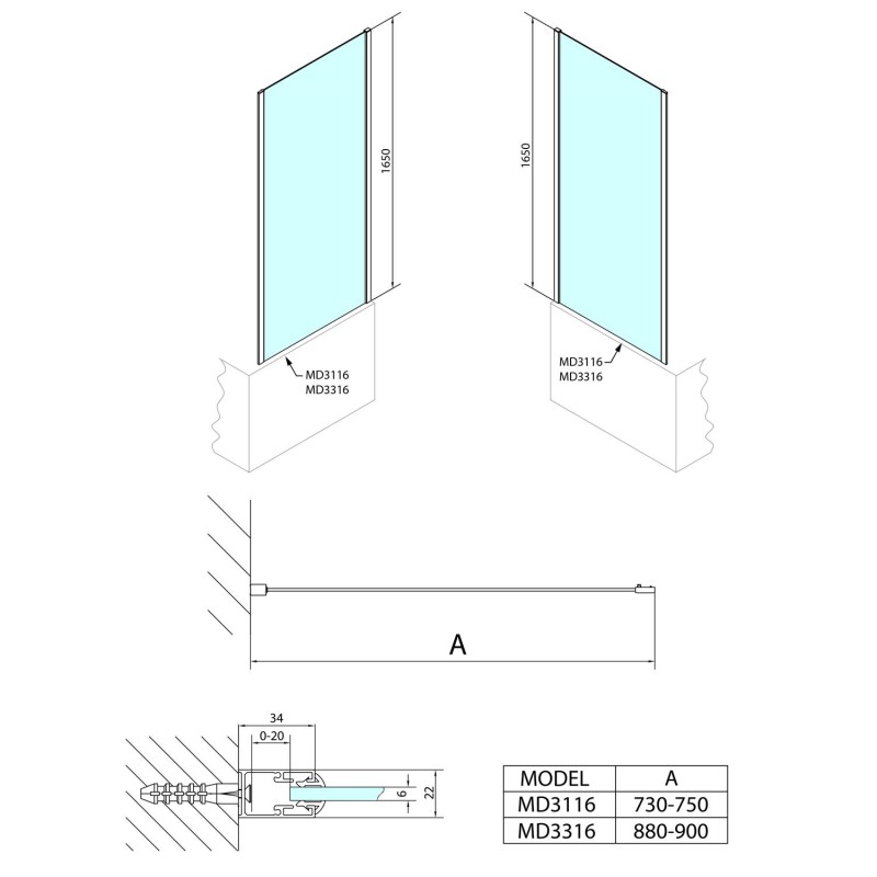 Polysan DEEP sprchová bočná stena 750x1650mm, číre sklo MD3116