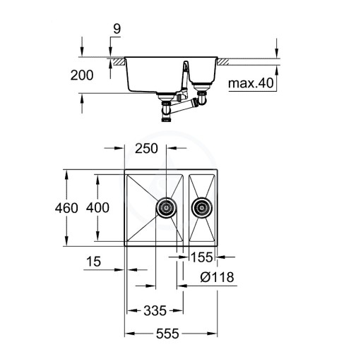 Grohe Drezy - Kompozitný drez K500 s odtokom, 555x460 mm, granitová sivá (31648AT0)