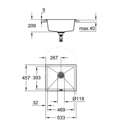 Grohe Drezy - Kompozitný drez K700 s odtokom, 533x457 mm, granitová čierna (31654AP0)