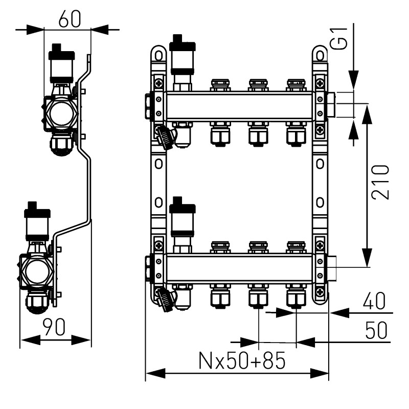NOVASERVIS Rozdeľovač nerez s regulačnými mechanickými ventilmi 3okruhy SN-RO03S