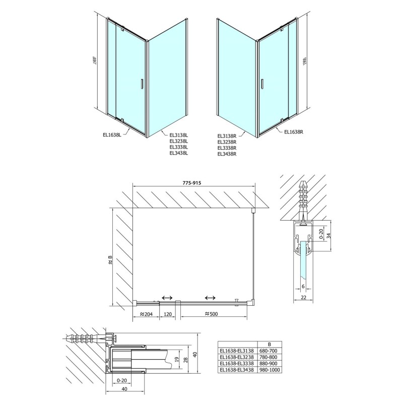 Polysan Easy Line obdĺžniková sprchová zástena pivot dvere 800-900x700mm L/P varianta,brick sklo EL1638EL3138
