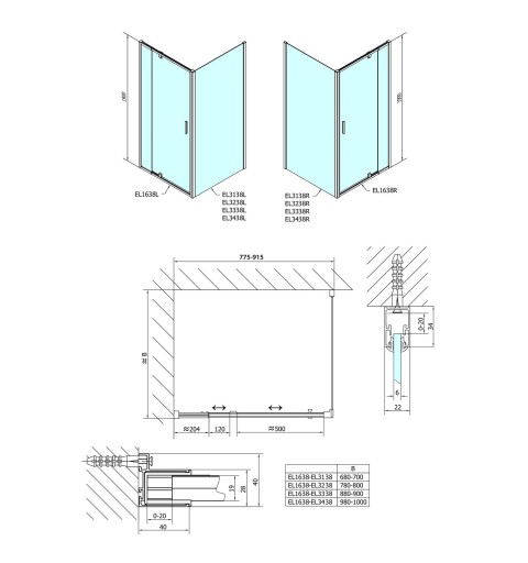 Polysan Easy Line obdĺžniková/štvorcová sprchová zástena pivot dvere 800-900x900mm, L/P, brick sklo EL1638EL3338